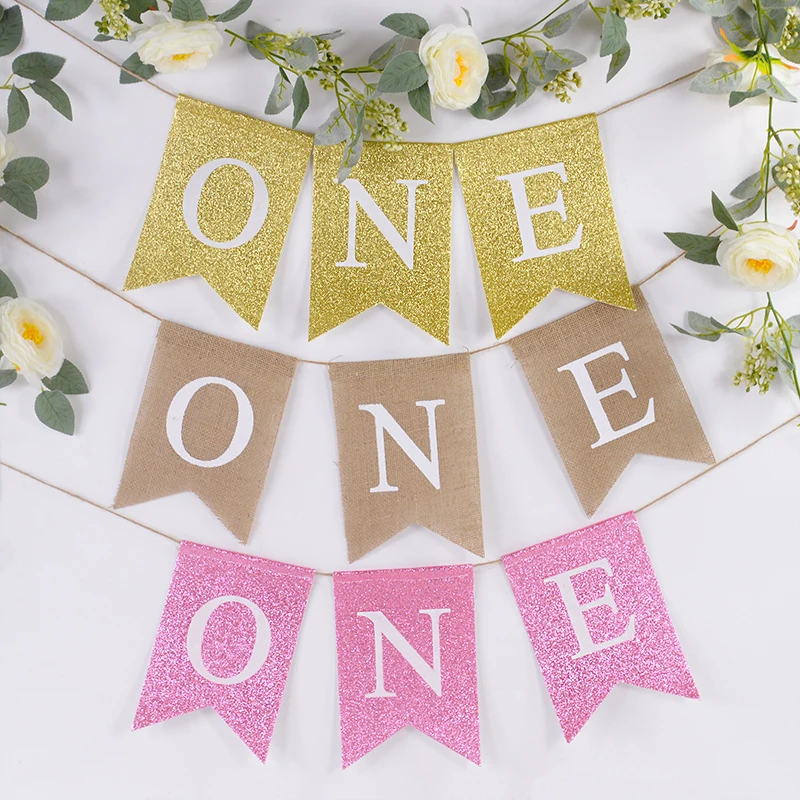 

Baby First Birthday Banner ONE Hanging Bunting Garland Boy Girl Baby Shower Birthday Party Decoration Supplies