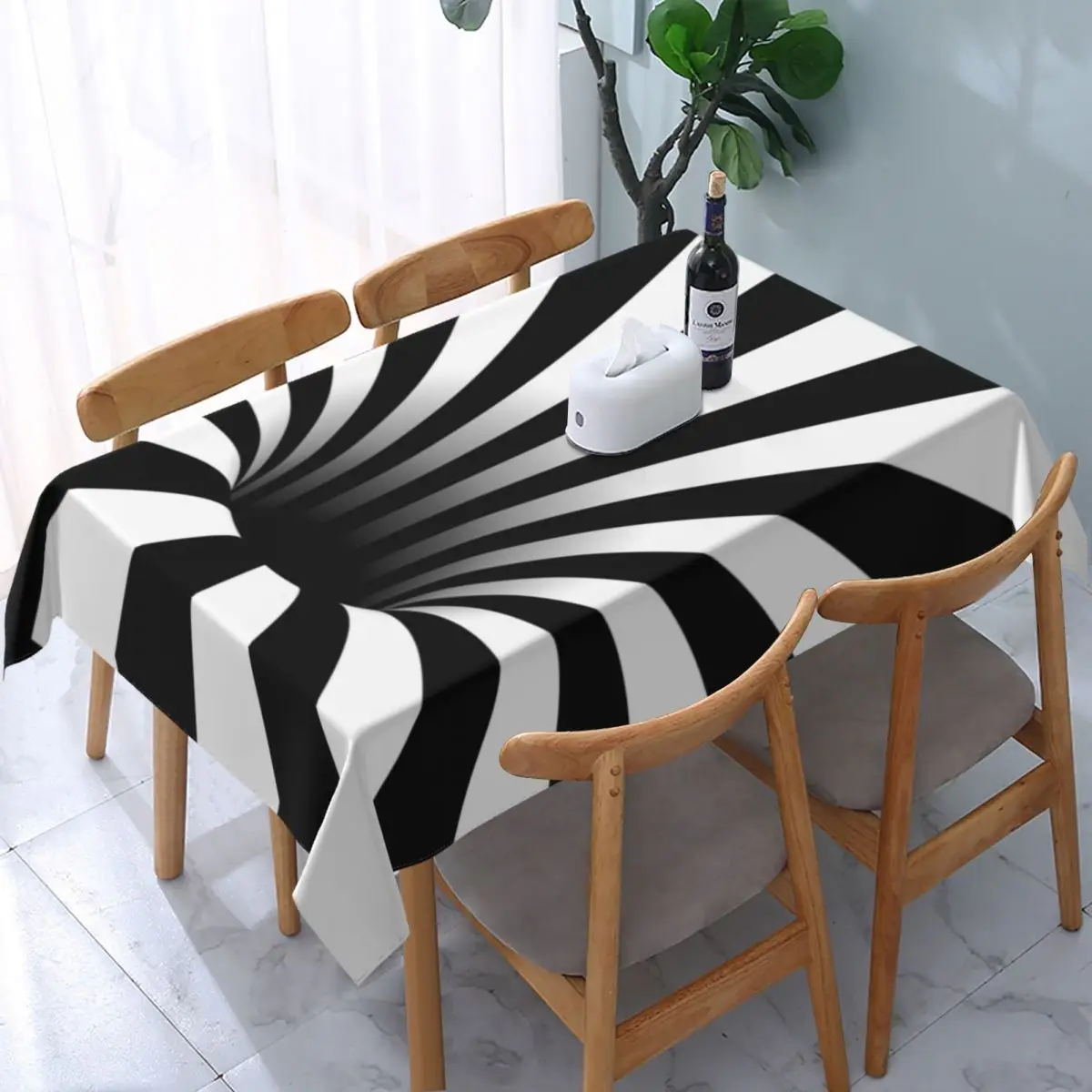 

Rectangular Waterproof Abstract Black Hole Tablecloth Backing Table Covers Optical Illusion Black And White Lines Table Cloth