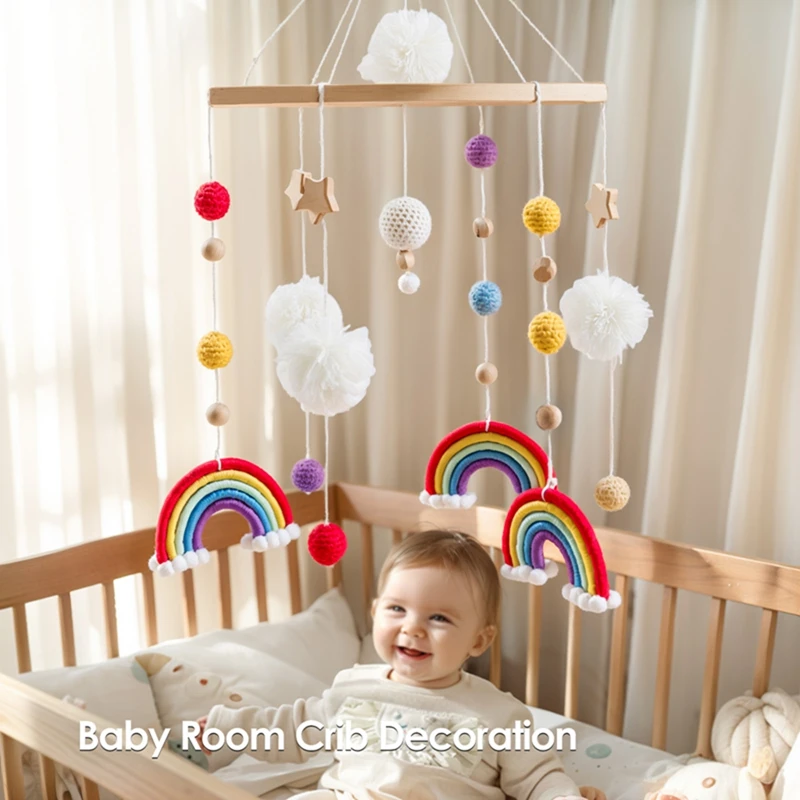 Baby Rattle Baby Crib Moving Toy Cotton Crochet Rainbow Crib Bell Rotating Musical Rattle Projection Wooden Toys For