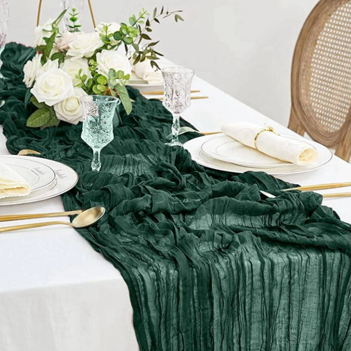 Green Gauze Table Runner Burlap Cheesecloth Table Setting Dining Rustic Country Wedding Birthday Decor Boho Table Linens