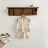 2025 Summer New Girls' 0-3 Years Old Lace Embroidery Vest + Shorts 2PCS Suit Baby Girl Cotton Clothing Set Sleeveless Clothes 2