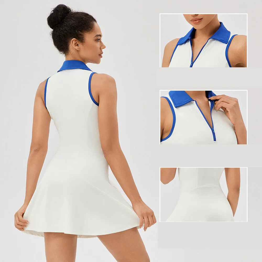 Plus Size S-XXL Polo Tennis Dress With Zipper&Shorts Clashing Color Golf Badminton Dress Casual Quick-Dry Stretchy Workout Skirt