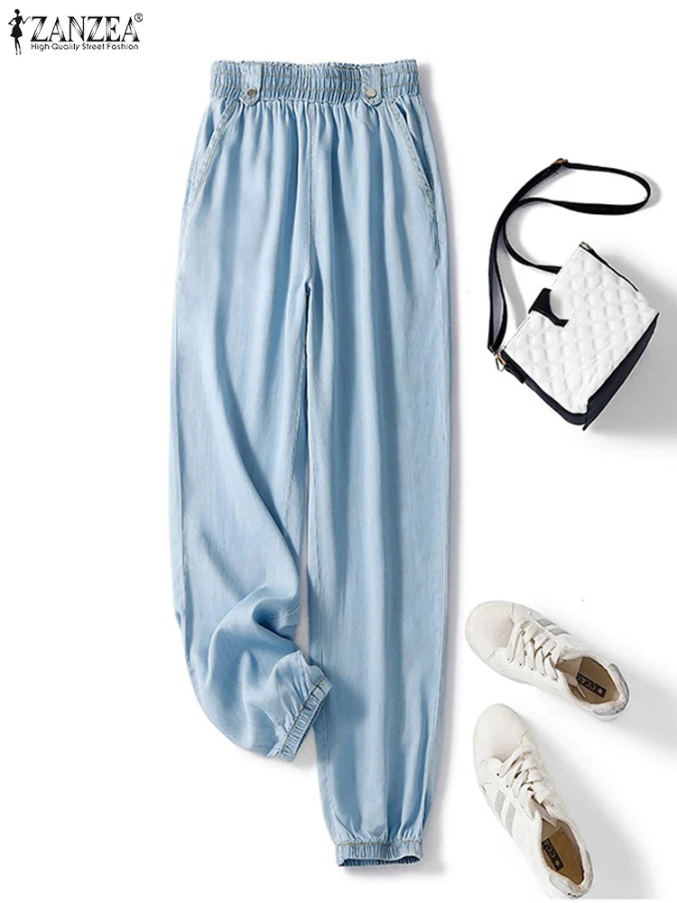 

ZANZEA Fashion Denim Carrot Pants Women Casual Elastic High Waist Trousers 2023 Summer Pockets Pantalon Streetwear Harem Pants
