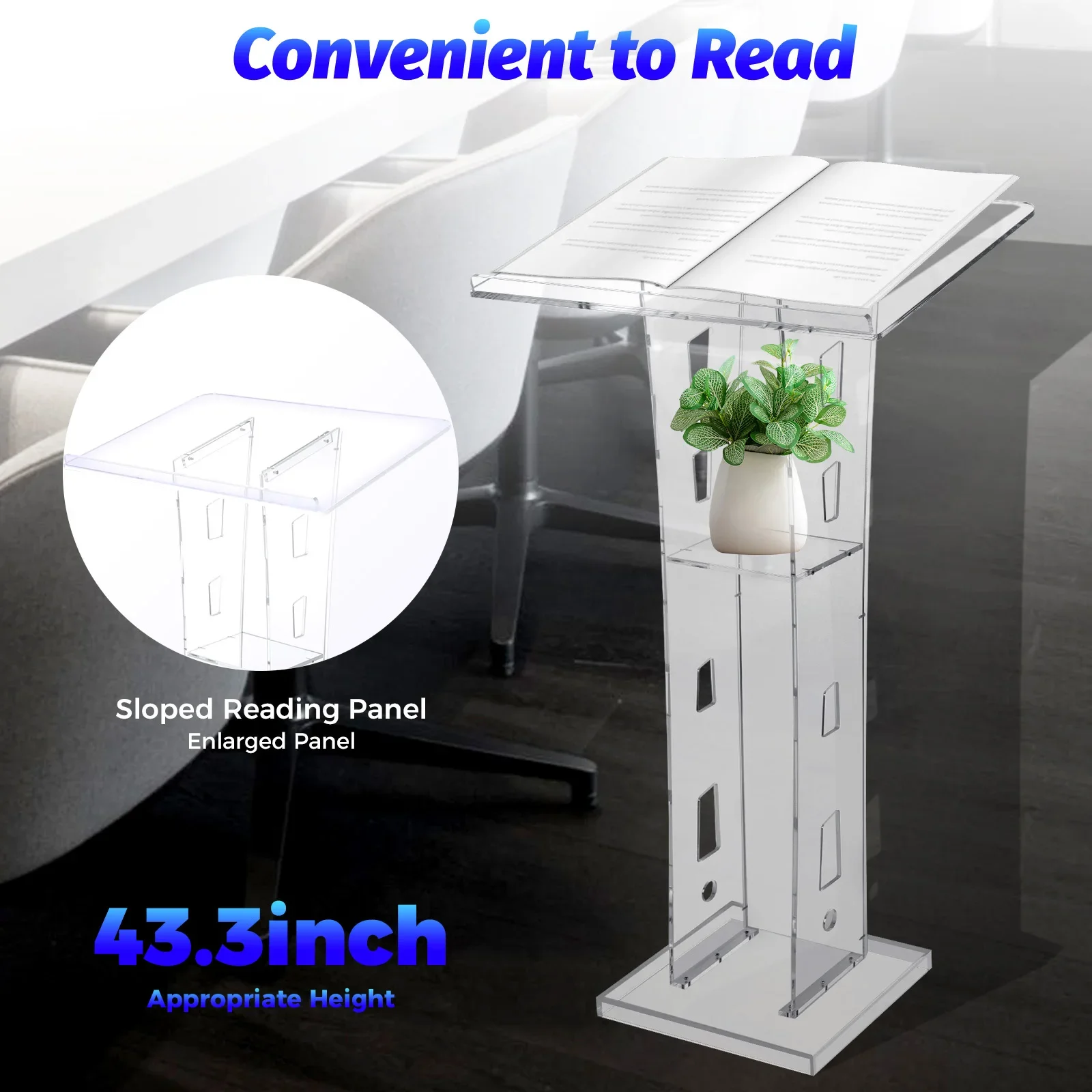 Transparent Acrylic Podium, Durable, Anti-Shatter, Rounded Corners, Sloped Top, Storage Board, Easy Assembly, Eco-Friendly 3