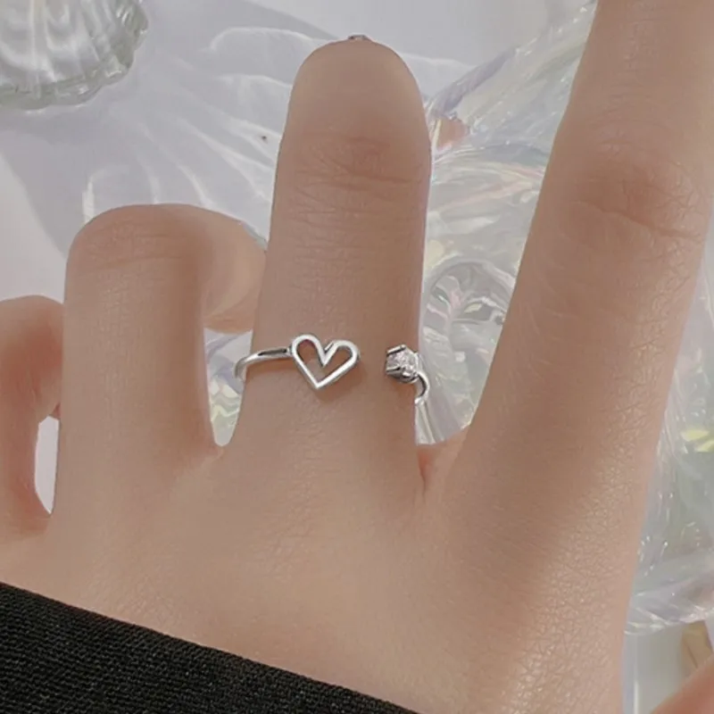 Korean Heart-shaped Hollow Zircon Opening Ring for Women Simple Sweet Finger Couple Rings Jewelry Gifts