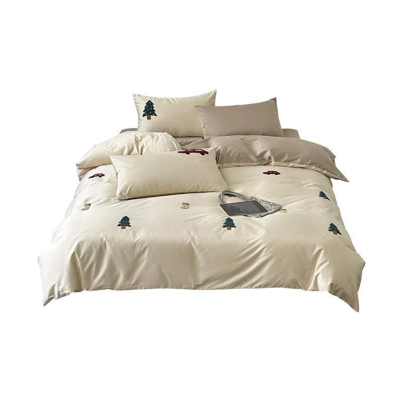 

100S High Count Long Staple Cotton Four Piece Set, Small Forest Towel Embroidered Quilt Cover, All Cotton 1.8 Bedding