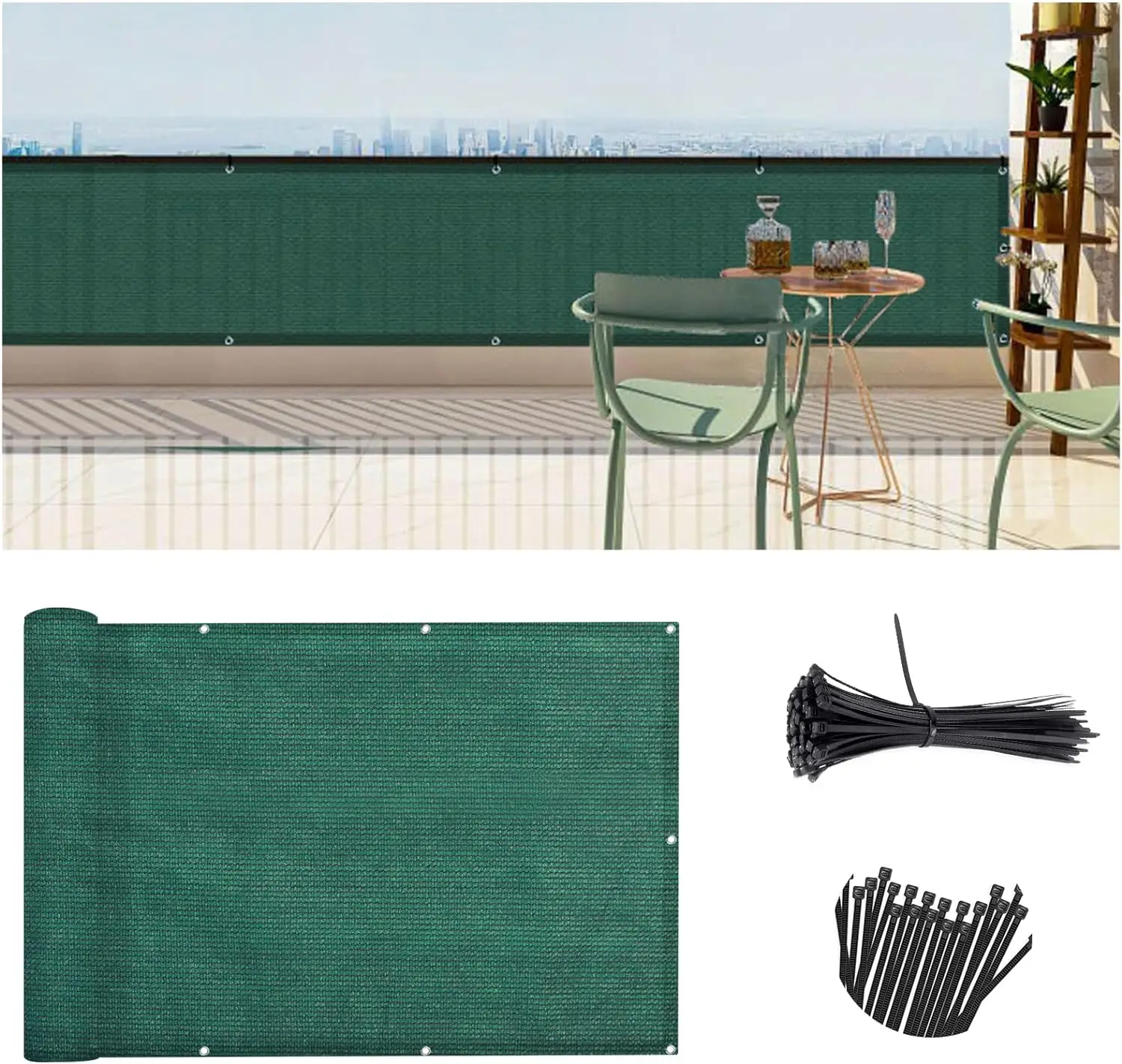 3'x10' Dark Green Balcony Privacy Screen Fence Windscreen Cover Fabric Shade Netting Mesh Cloth with Grommets UV Protection