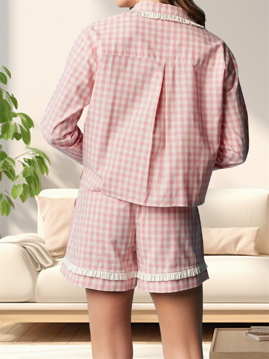 Striped Pajama Set with Button Front Closure and Ruffle Trim Lapel Neck Long Sleeve Top Elastic Waist Shorts 2 Piece Loungewear