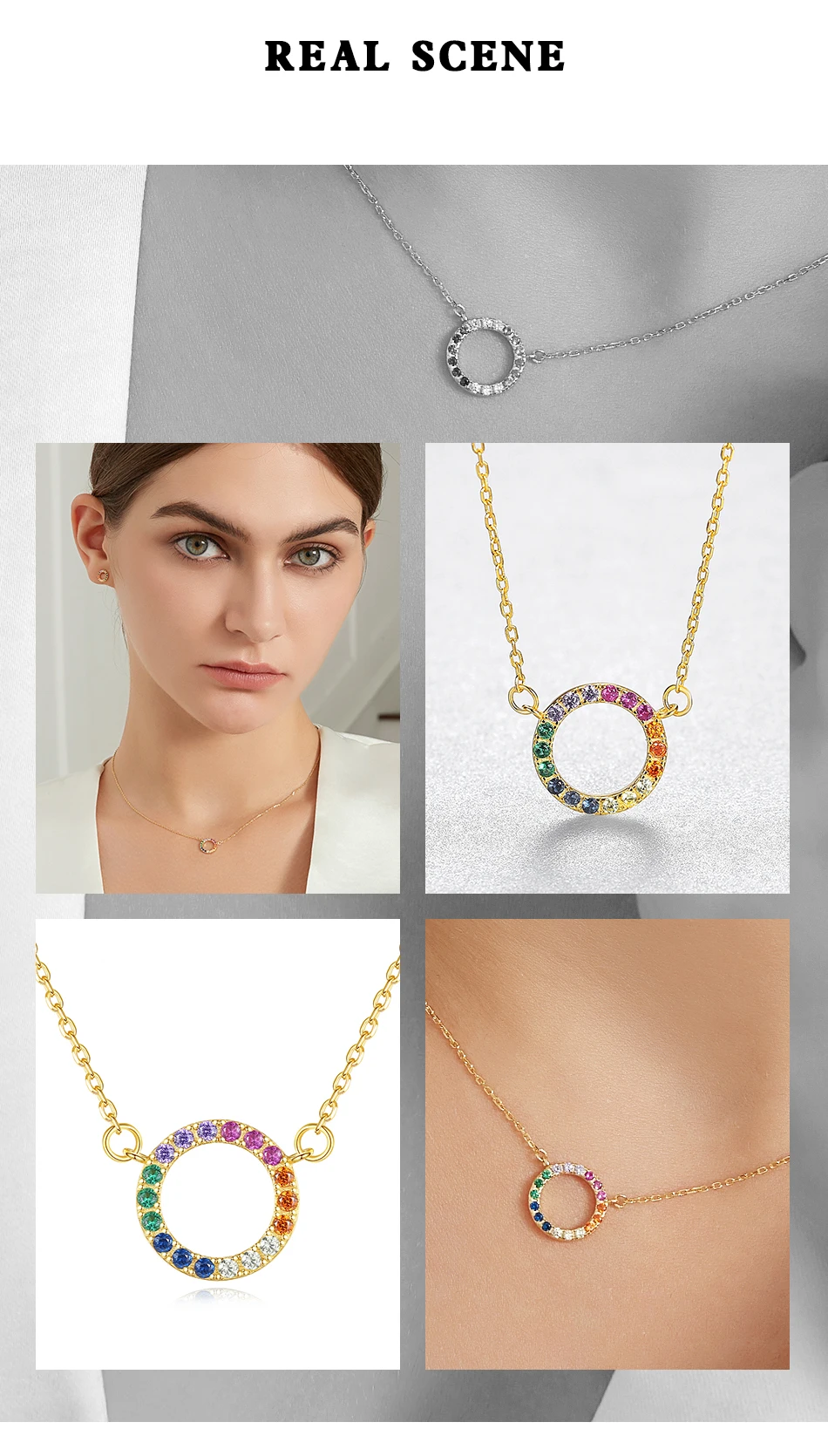 Multicolor Zirkon Sterling Silber Kreis Anhänger Regenbogen Zirkonia Frauen Halskette Mädchen_voghion.com