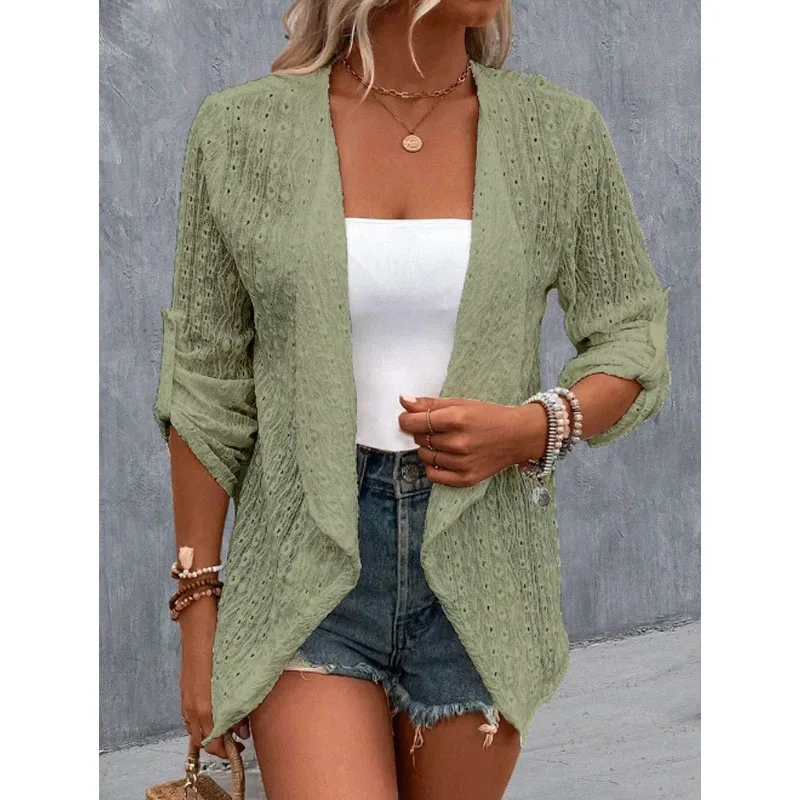 2023 New Autumn Fashion Trend Lace Jacquard Hollowed Out Temperament Casual Loose Solid Color Simple Women's Versatile Cardigan