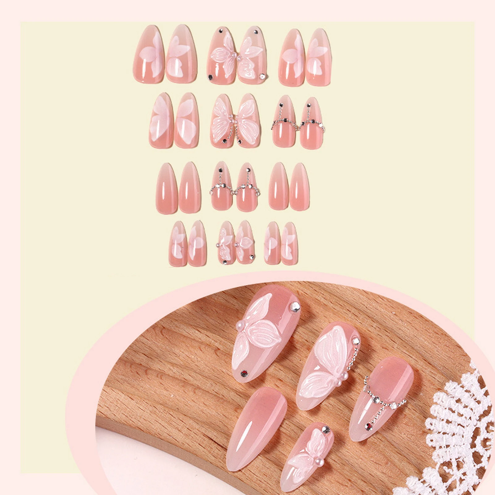 24개 블러쉬 핑크 가짜 손톱 패치 아몬드 프레스온 네일 리본/꽃 장식 달콤한 소녀 매력 매니큐어 풀커버 인조 손톱