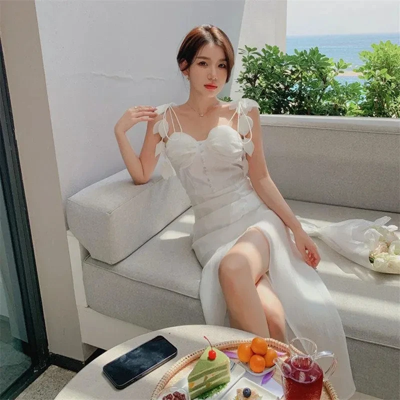 

2023 Summer French Sexy Fashion Slit Mid-Length Women'S Dress Sleeveless Trendy Casual Petal Strap Princess Party Evening Dress