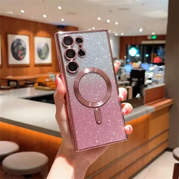 For Samsung Galaxy S24 S23 S22 S21 S20 Plus Note 20 Ultra S20FE S21FE S23FE Glitter Magnetic Case Magsafe Soft Bling Lady Cover