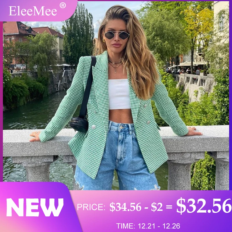 Женский клетчатый Блейзер EleeMee Двубортный повседневный приталенный с