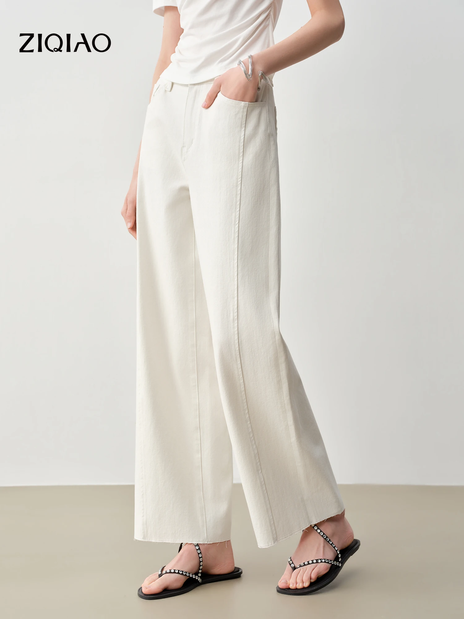 ZIQIAO Patchwork Design Straight Ankle-length Jeans Frayed Edges Women's Spring 2026 New Arrivals Commuting Basics 1