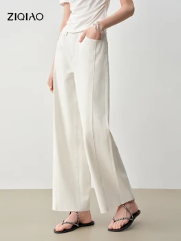 ZIQIAO Patchwork Design Straight Ankle-length Jeans Frayed Edges Women's Spring 2026 New Arrivals Commuting Basics 1