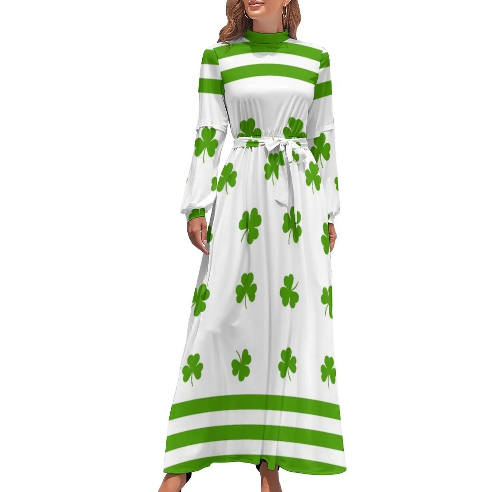 thumbnail image 1 of Vestido largo de cóctel con trébol verde y rayas, estilo coreano, para verano, para mujer, para ocasiones formales, 1 of 5