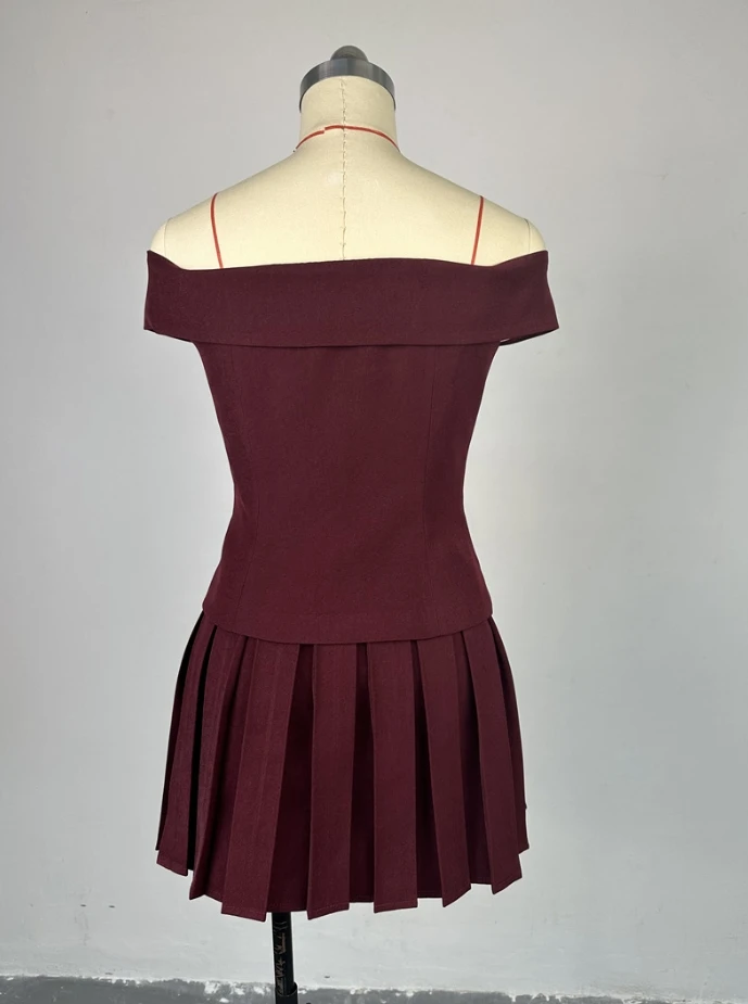 Fresh and Sweet 2Pcs for Women 2024 Summer New Style Solid Color Off-The-Shoulder Double-Breasted Top Pleated Skirt Casual Suit