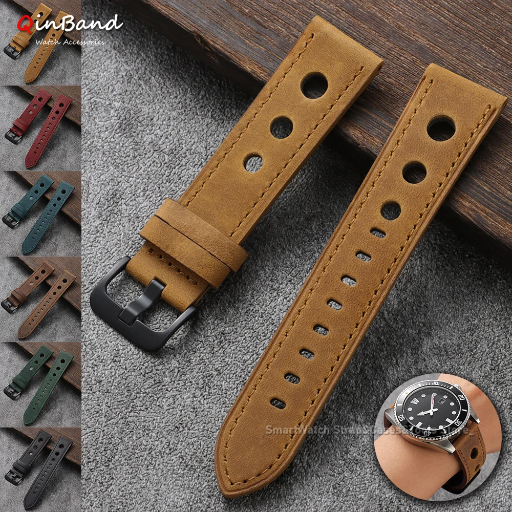 Handmade Stitching Leather Watch Band with Breathable Design - Brown, Black, Blue