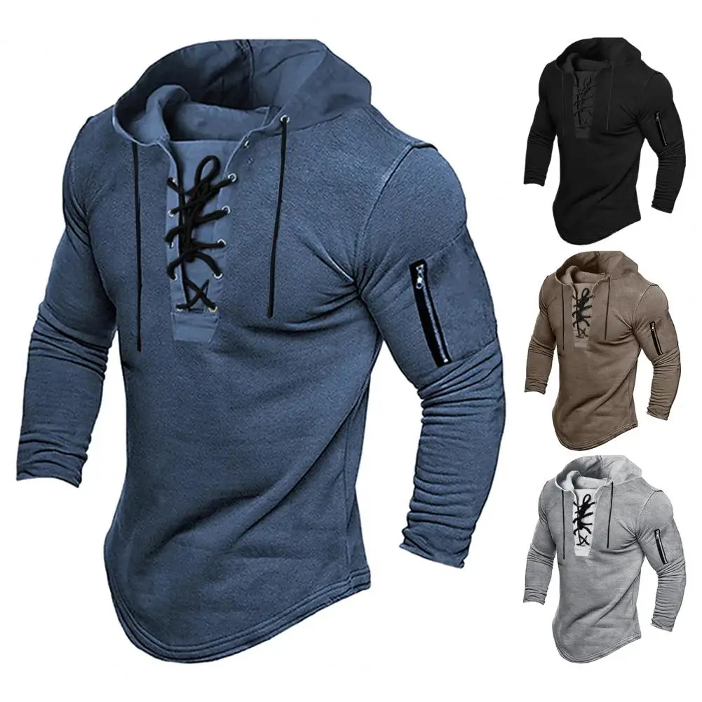 

Men Solid Color Hoodie Vintage Lace Up Hoodie with Zipper Detail for Men Slim Fit Mid Length Pullover Top for Spring Fall Wear