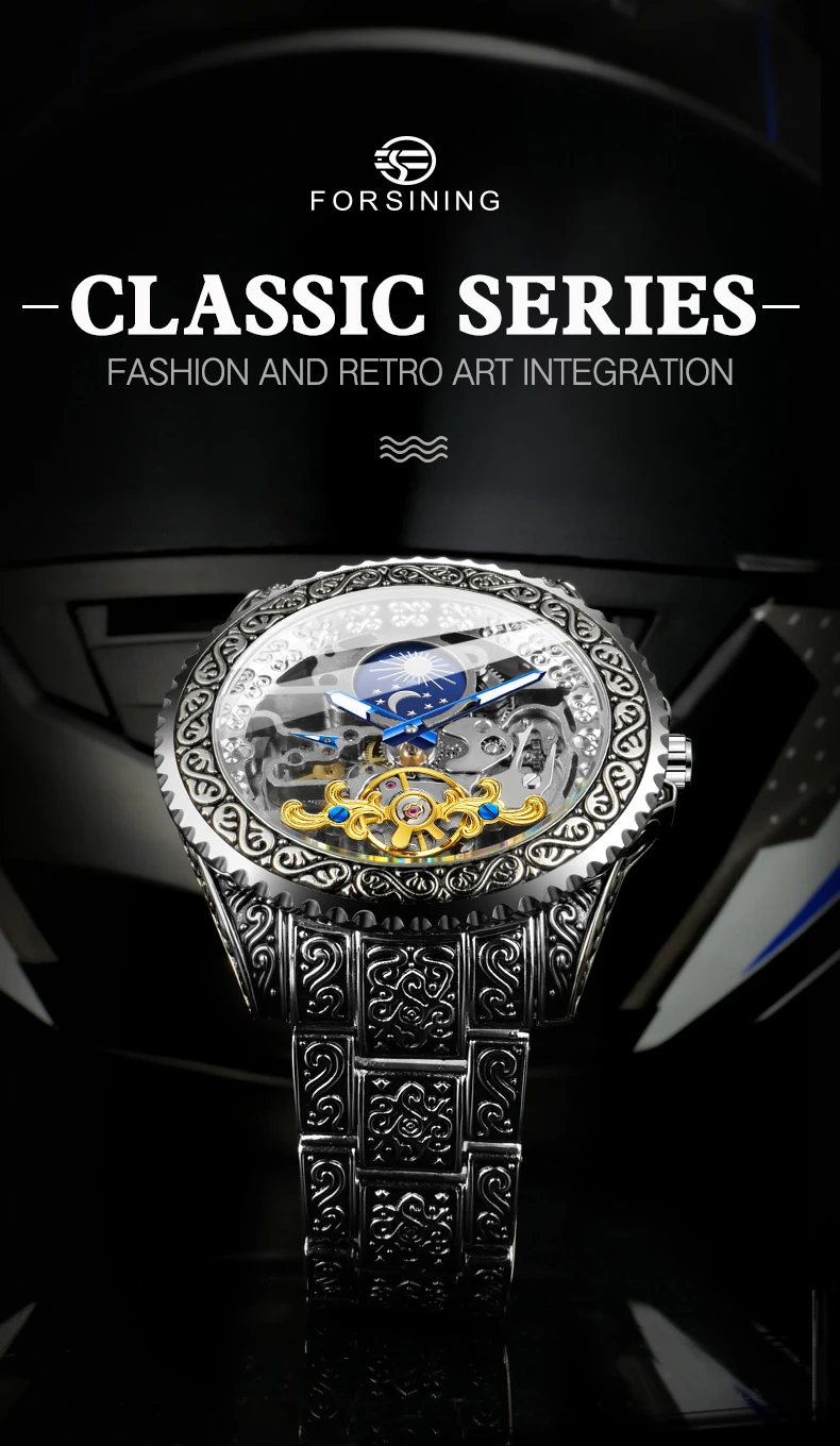 FORSINING Orologio da uomo vintage con intaglio, automatico, meccanico, scheletrato, con fasi lunari, luminoso, di lusso._voghion.com