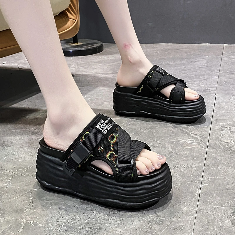 

Summer High Platform Women Slippers Buckle 8CM Wedges Shoes Fashion 2022 Outside Chunky Sandals Beach Casual Slides Woman