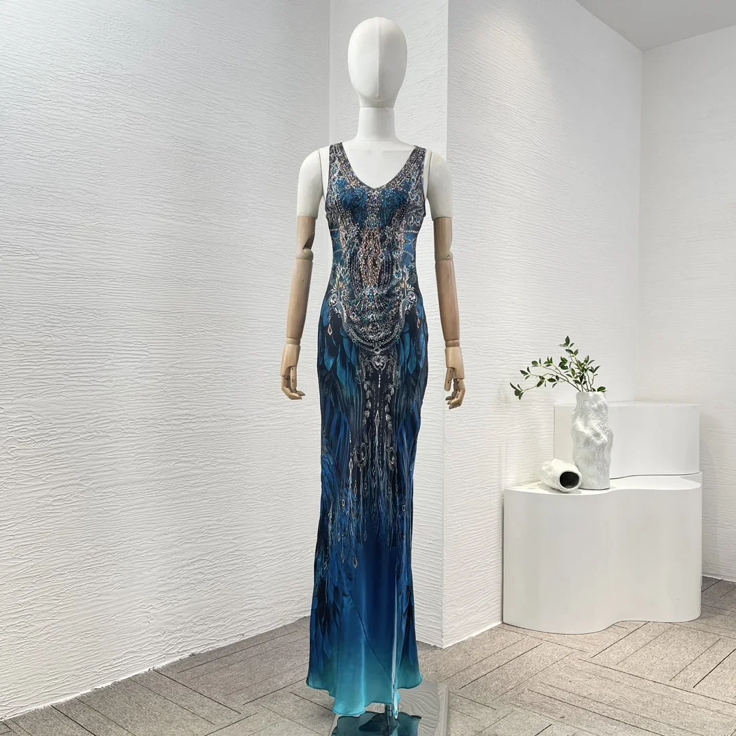 

2024 Spring Summer Women Vintage Silk Navy Blue Peacock Print Sleeveless Diamonds Pressed Vest Side Slit Maxi Dress for Lady