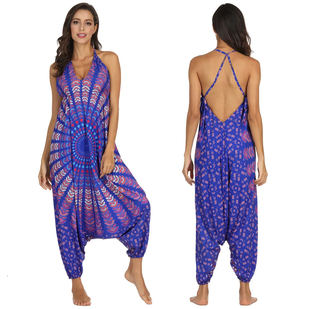 

Boho Vintage Romper Women Backless Printed Suspenders Jumpsuit Sexy Sling Jumpsuits Woman Summer Halter Casual Playsuit