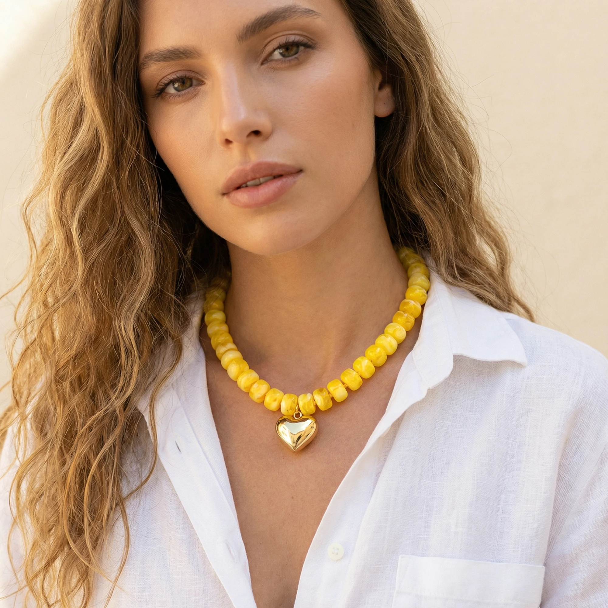 Badu Bohemia Colorful Acrylic Beaded Choker Necklace for Women 14K Gold Plated Heart Pendant Summer Aesthetic Y2K Jewelry Gift