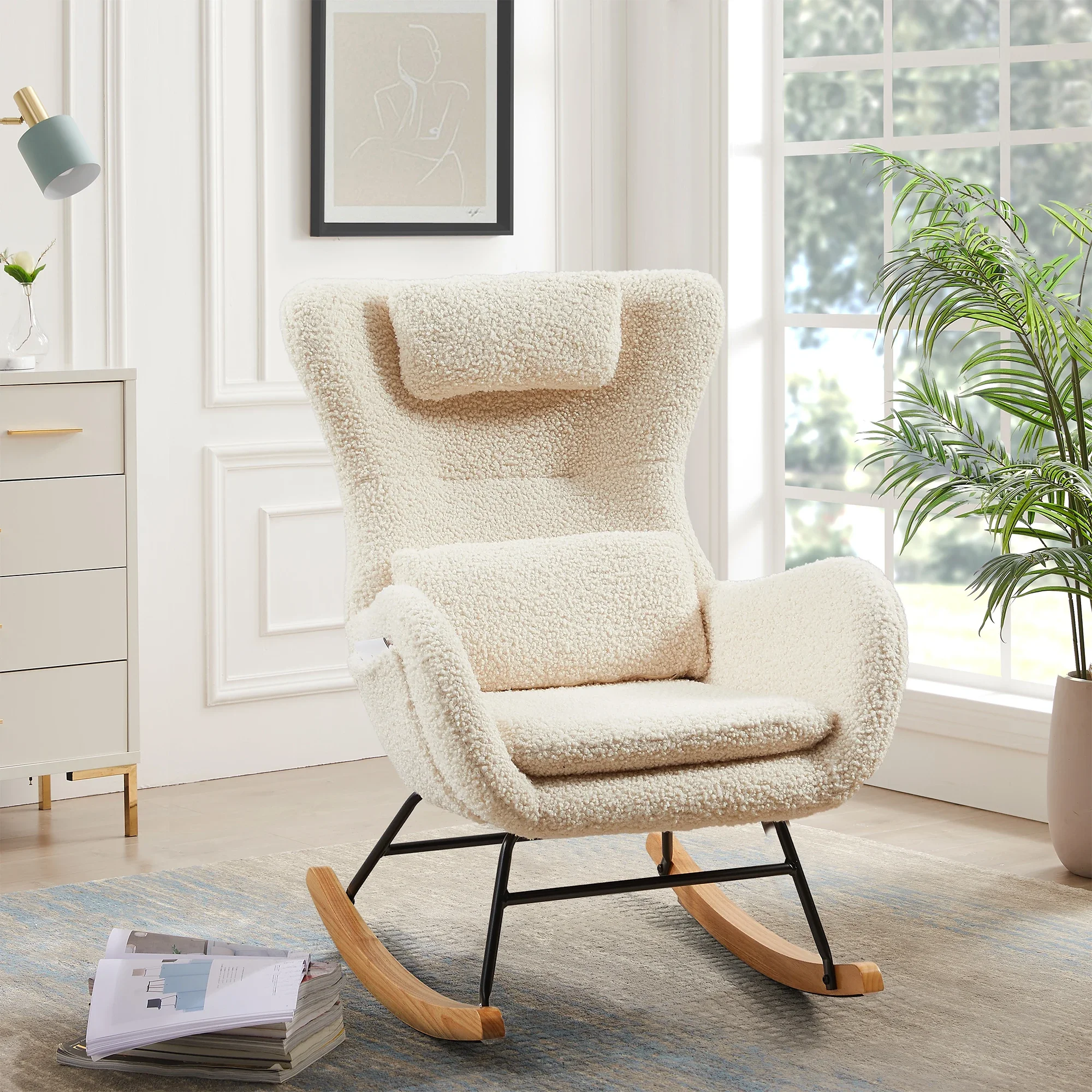

Modern Rocking Chair with High Backrest - Comfortable Nursery Rocking Chair for Breastfeeding and Relaxation