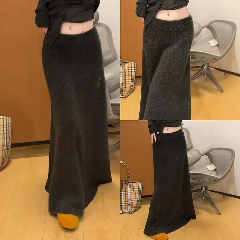 Cintura alta de malha de lã cauda de peixe saia feminina outono inverno moda longa a-line metade do corpo saia elegante cor gradual