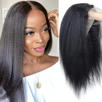 Kinky Straight Lace Front Wig Human Hair HD Transparent Lace Frontal Wigs Remy Human Hair Glueless Lace Part Wigs for Women 1