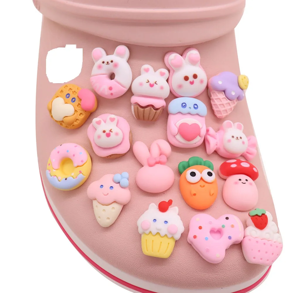 

16PCS Resin Shoe Charms Buckle Rabbit Ice Cream Donut Carrot Cookies Cupcakes Candy Garden Shoes Slipper Accessories Ornaments