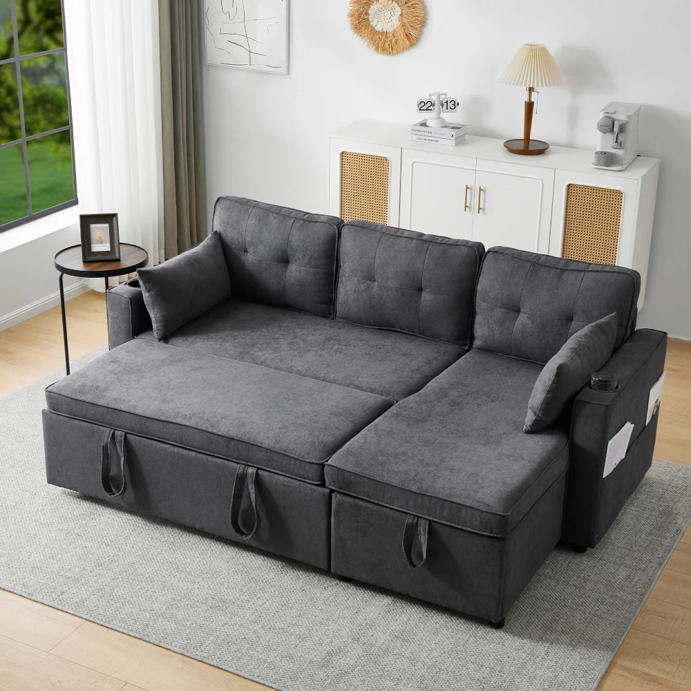 PINGGO L-förmiges Schlafsofa mit Schlaffunktion Modernes Design Gepolsterter Loungesessel mit Stauraum und Getränkehalter für Wohnzimmer – Detail 23