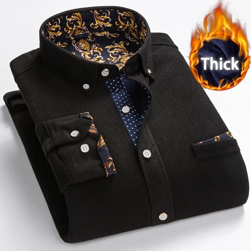 Dress Shirts Men Casual Shirts Winter warm shirt plus velvet thickening fashion print plaid shirt long sleeve men's brand dress M-5XL