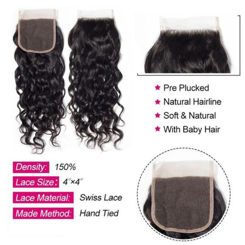 4x4 Lace Closure Human Hair Transparent Swiss Lace 150% Density Brazilian Virgin Hair