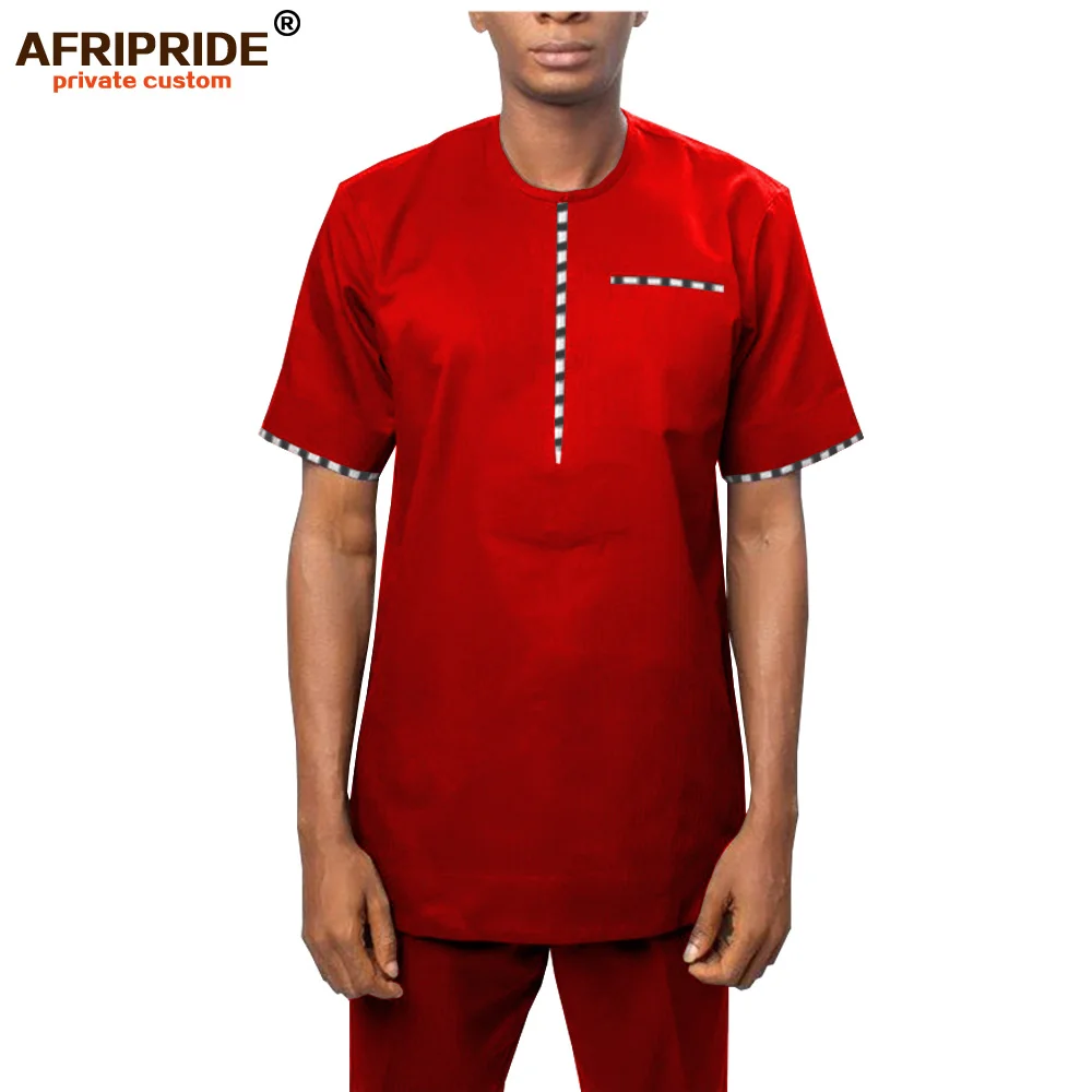 2019 African Men Shirt Suit Dashiki Short Sleeve Tops Blouse and Trousers 2 Piece Tracksuit Pockets Wear Tops AFRIPRIDE A1916043