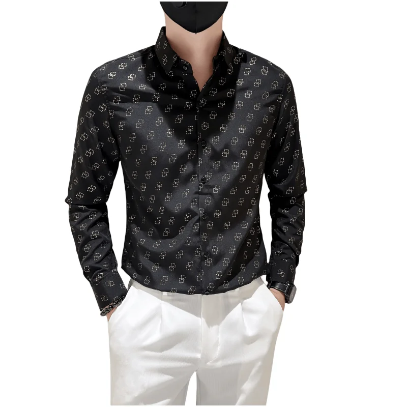 Chemise Homme All Seasons Fashion Print Long Sleeve Social Shirts For Men  Clothing Business Casual Slim Fit Club/Prom Tuxedo 3XL