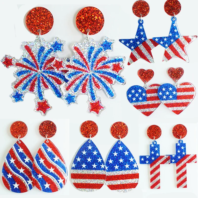 

2024 Independence Day Sparkling Holiday Celebration Party American Patriotic Elements Glitter Earrings Jewelry