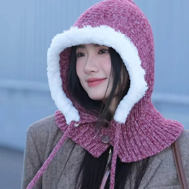 

Korean Plush Splicing Balaclava Hats and Scarf Integrated Autumn and Winter Outdoor Cycling Warm Knitted Beanies for Women