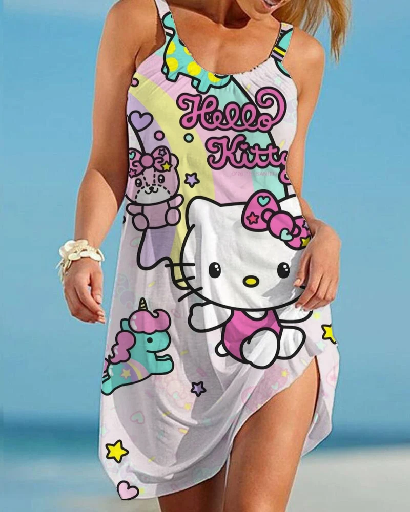 

2023 Hello Kitty Summer Women Dress Fashion Casual Beach Dress Cat Dress 3D Printing Sleeveless Midi Dress Women Party Dress