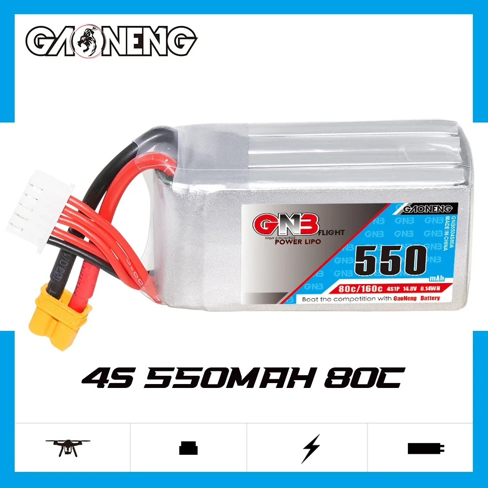 

GAONENG GNB 550mAh 4S 80C 160C 14.8V XT30 LiPo Battery Square Type 2 to 2.5 inch Propeller FPV size 90 to 150mm Brushless Drone