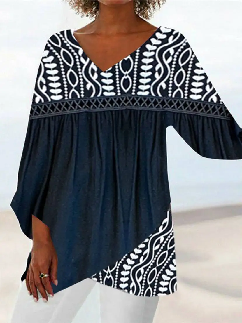 

Women's Plus Size Clothing Casual 3/4 Sleeve V-neck Stitching Colorblock Top