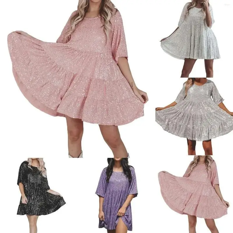 Spring and Summer New Sequins Dress Half Sleeve round Neck Frill Loose Dress