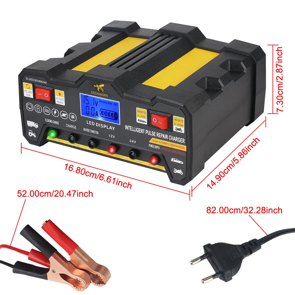 600W Car Battery Chargers 12V 12A / 24V 9A Output Quick Charging Intelligent Automatic Pulse Repair Battery Charger US EU Plug
