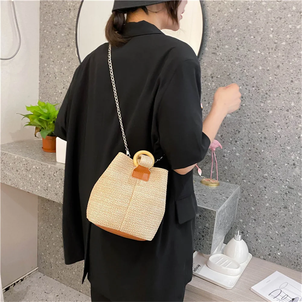 Women\'s Sprockets Straw Beach Tote Bag Casual Vacation Knit Wristlet Shopping Bag Ladies Handmade Bucket Bags Handbag Bolsas