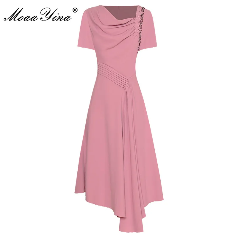 

MoaaYina, модное дизайнерское платье, летнее женское платье с квадратным воротником, с коротким рукавом, с оборками и бисером, однотонные платья