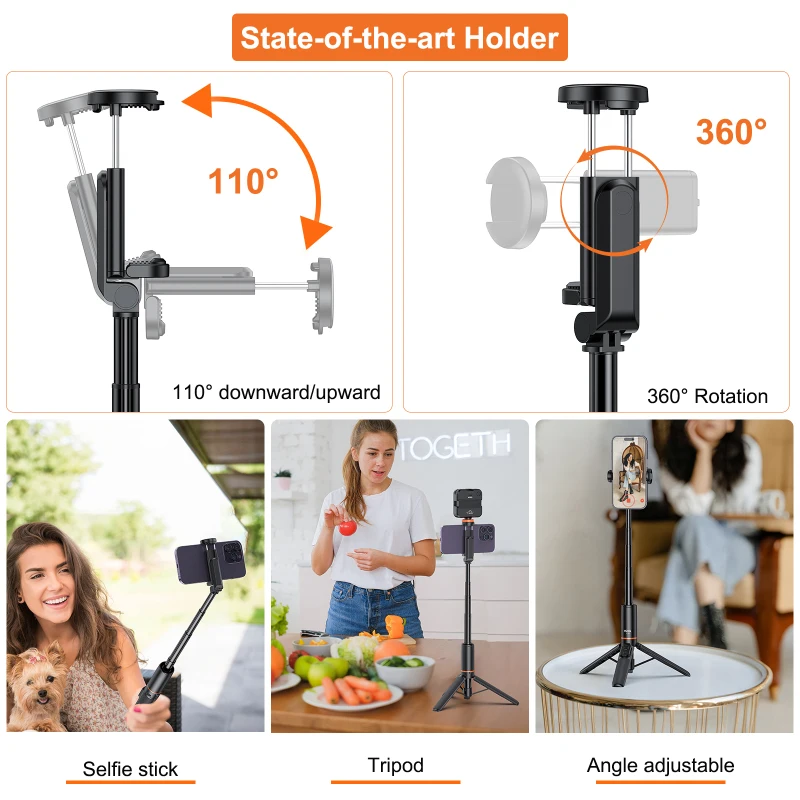 VRIG TP-19 확장 가능한 셀카 스틱 삼각대, 원격 셔터, 브이로그 셀카 라이브 스트리밍 그룹 사진용