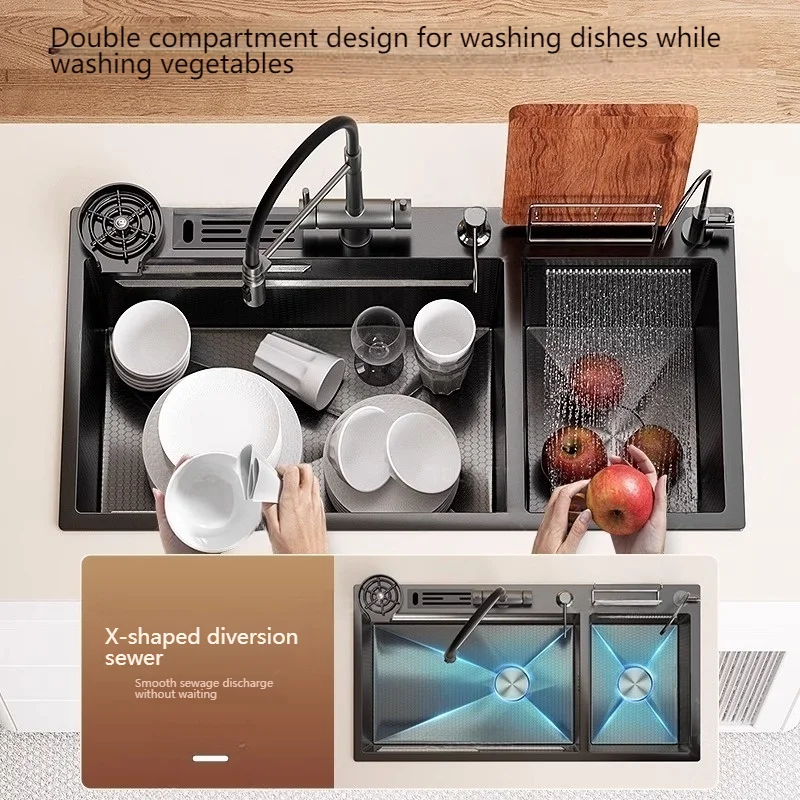 Waterfall Kitchen Sink Stainless Steel Double Sinks with Kitchen Faucet Large Multifunctional Dishwasing Washbasin 2