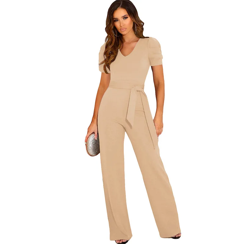 Summer New Temperament Waist Rompers Women's Solid Color V-neck Short-sleeved Wide-leg Pants